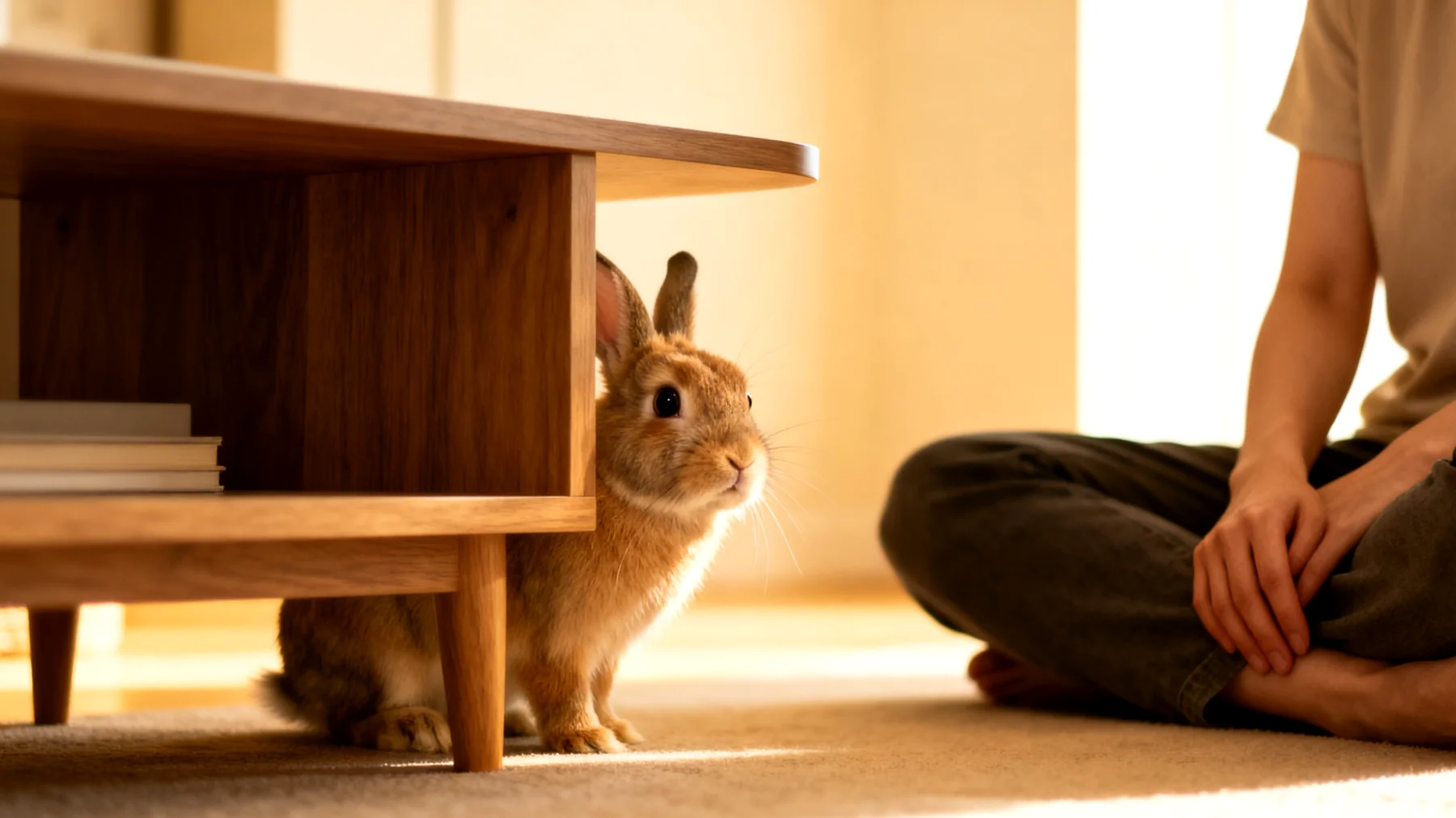 Kaninchen zeigen nach der Adoption in der Wohnung oft Angst und verstecken sich die ersten Tage, wodurch die Bindung zum Besitzer erschwert wird und das Tier unter Stress leidet"