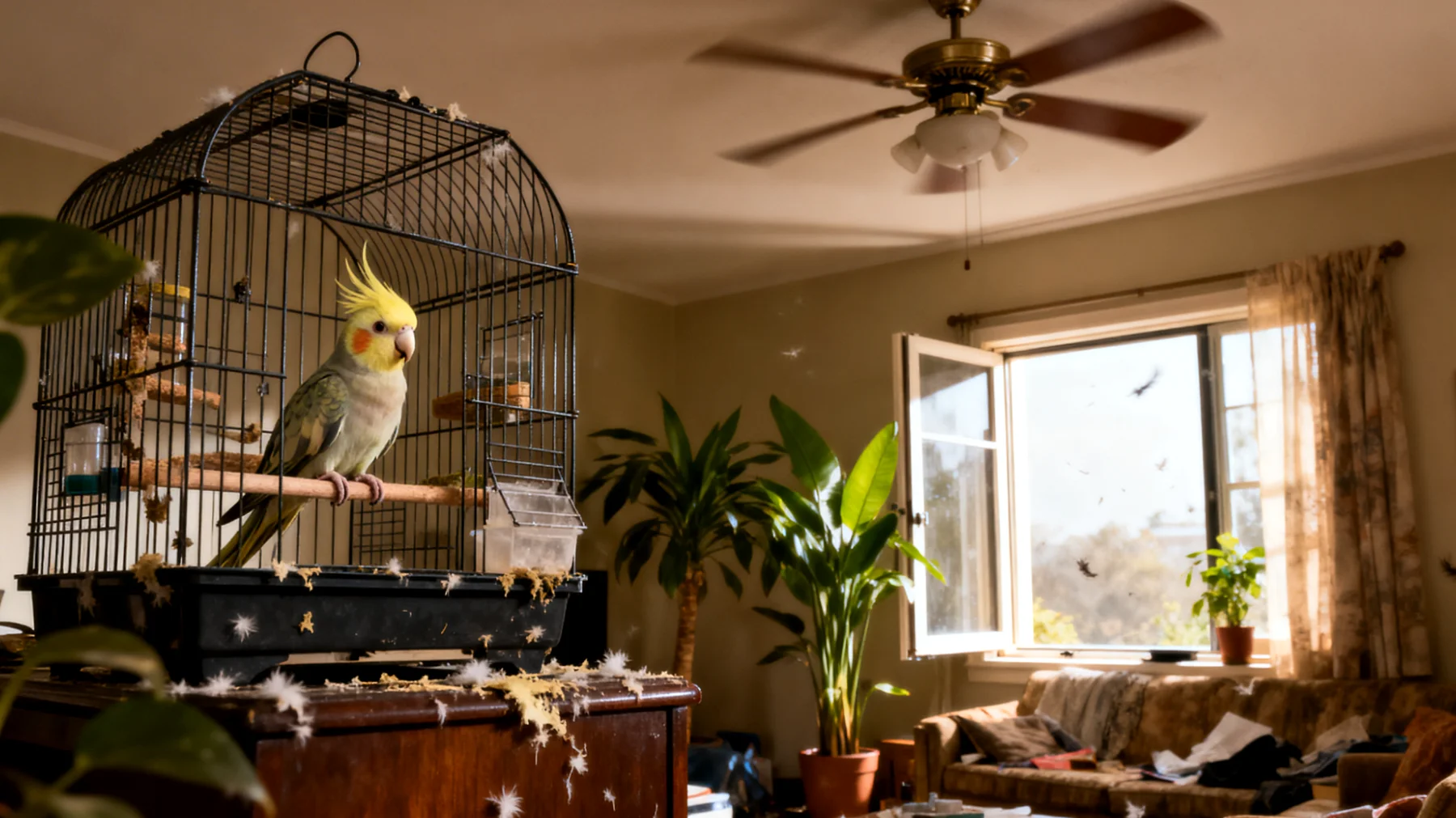 Nymphensittiche benötigen ausreichend Freiflug in der Wohnung, jedoch können ungesicherte Fenster, Spiegel, Ventilatoren und giftige Zimmerpflanzen eine Gefahr darstellen. Zudem kann der Vogel durch Kot und Federstaub die Wohnräume verschmutzen, während enge Räume ohne artgerechte Beschäftigungsmöglichkeiten zu Langeweile und Verhaltensstörungen führen."